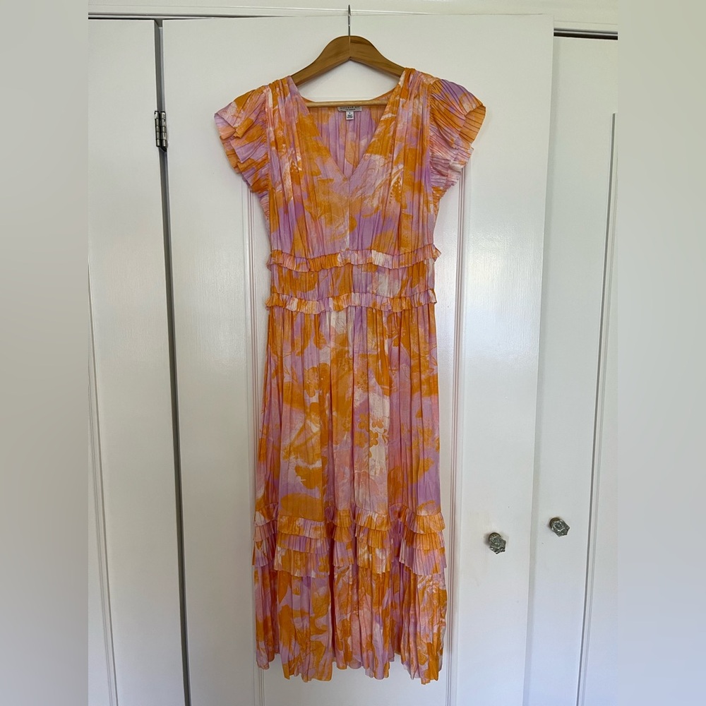Pink and Orange Pleated Midi Sundress with Flutter Cap Sleeves